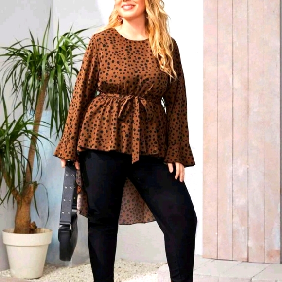 Plus Size Dalmatian Print Flounce Sleeve High Low Belted Blouse - Picture 1 of 8